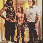 image for Arnold Schwarzenegger with Wilt Chamberlain and André The Giant in 1984