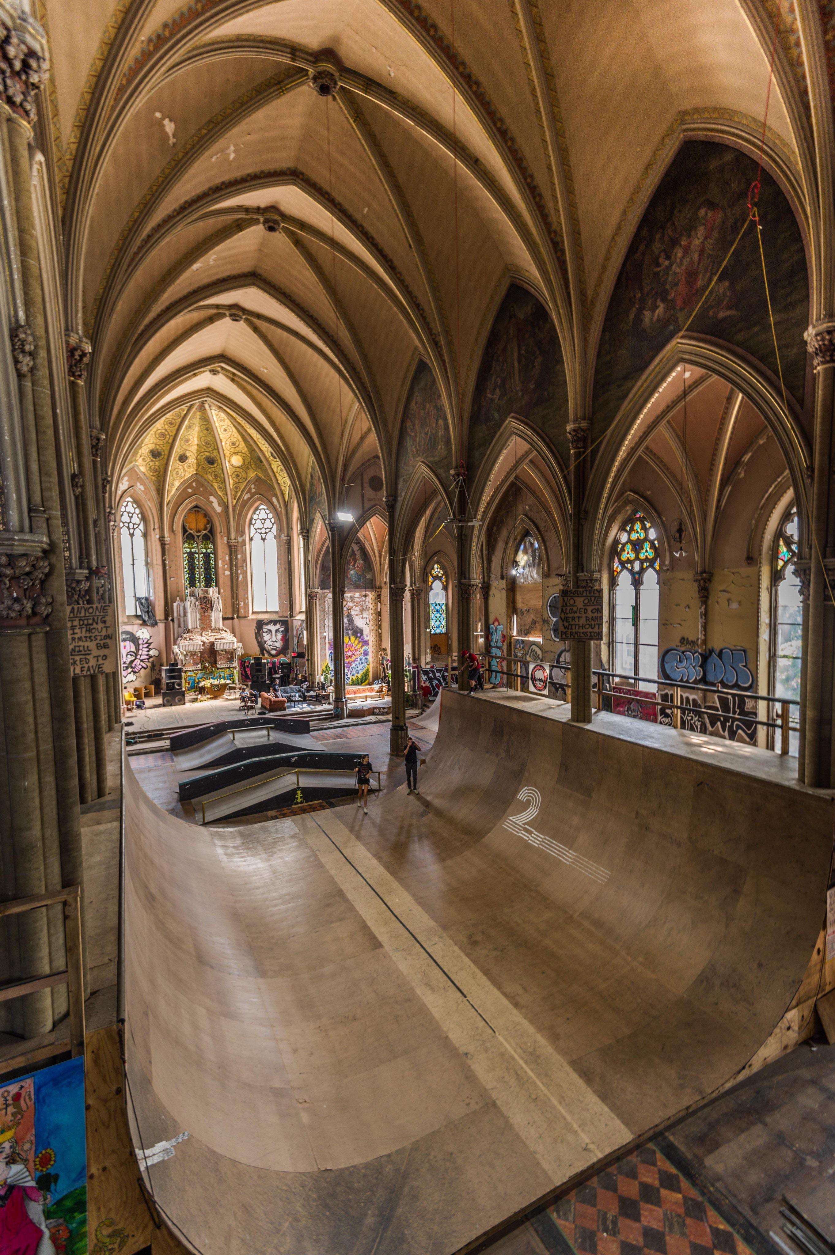 image showing St. Liborius Church, purchased by skaters and turned into a dream park