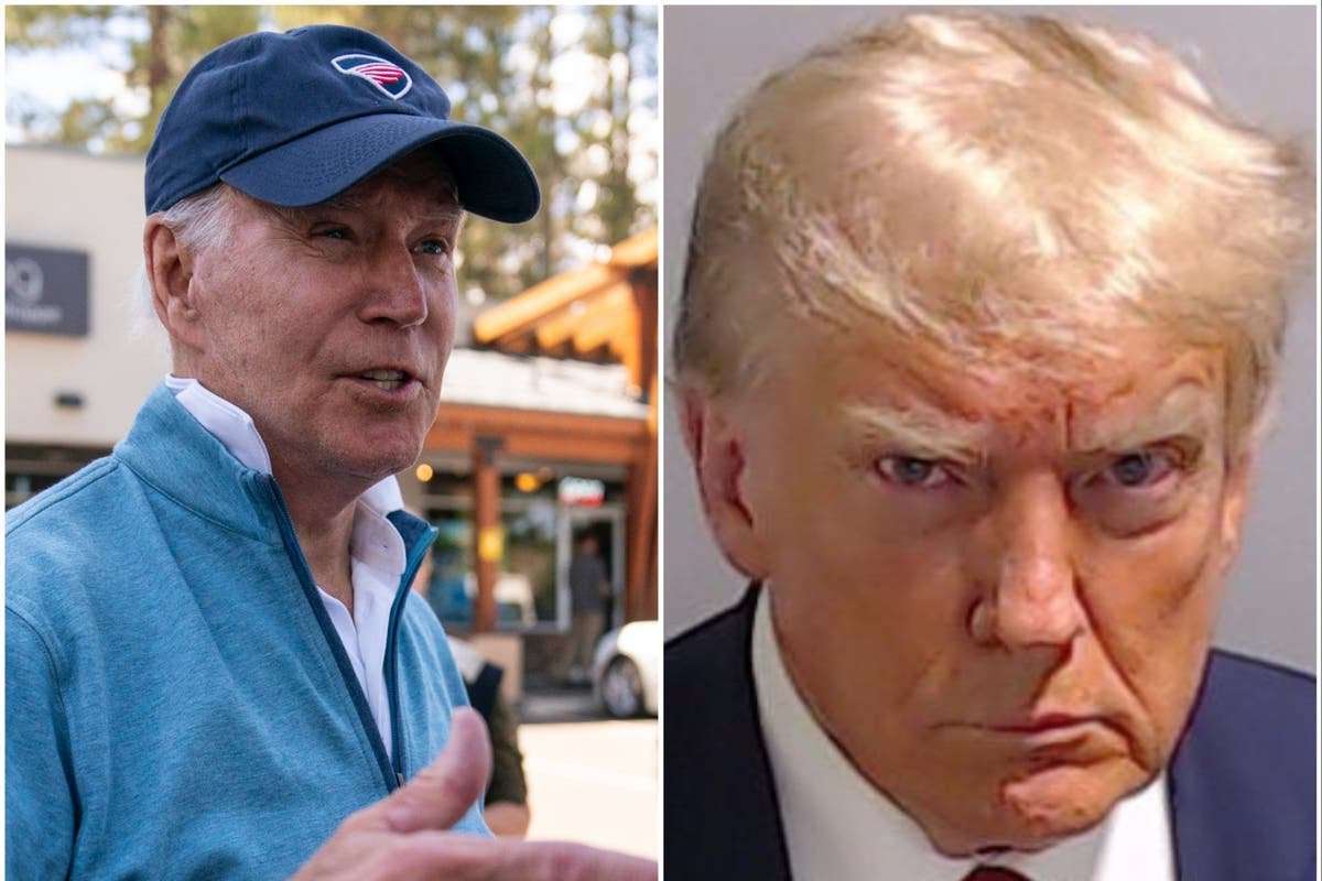 image for Biden chuckles over Trump’s mugshot: ‘Handsome guy. Wonderful guy’