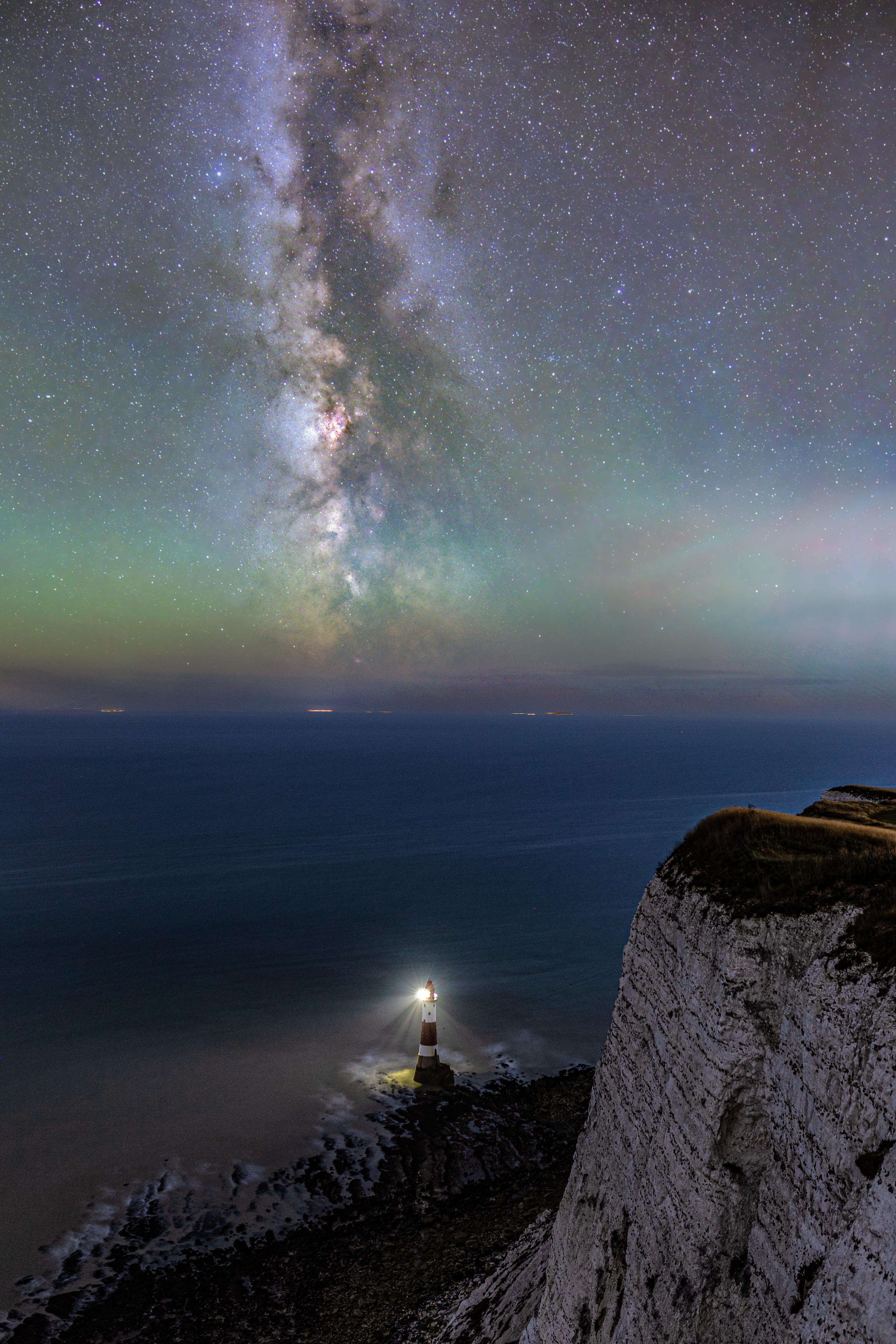 image showing ITAP of the Milky Way above Beachy Head lighthouse.