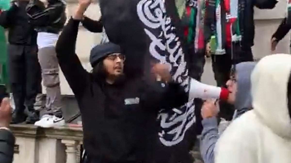 image for Fury as Islamists chant Hamas slogans on the streets of London during huge pro-Palestine protest the same day the Met allowed a 'jihad' chant - as Robert Jenrick says police chiefs will be summoned to