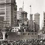 image for The land ship, USS Recruit, at Manhattan in 1918.