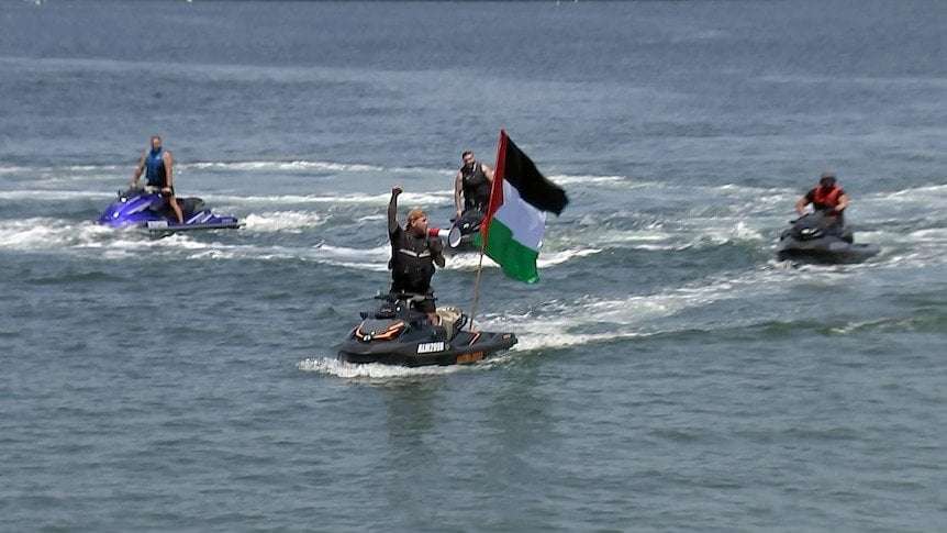 image for Pro-Palestinian protesters take to waters at Port Botany in blockade campaign against Israeli ships