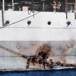 image for A Japanese Kamikaze crashed into the armor belt of a warship, leaving only the plane's imprint.