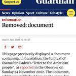 image for The guardian removes 21 year old article containing Bin Laden's "letter to America" because it went viral on tiktok