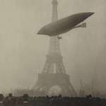 image for An early airship flies near the Eiffel Tower in Paris circa 1905