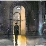 image for I painted a guy outside his apartment at night in watercolor