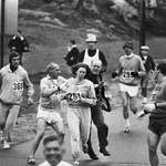 image for Kathrine Switzer running in the Boston marathon, the first woman to finish the race, 1967
