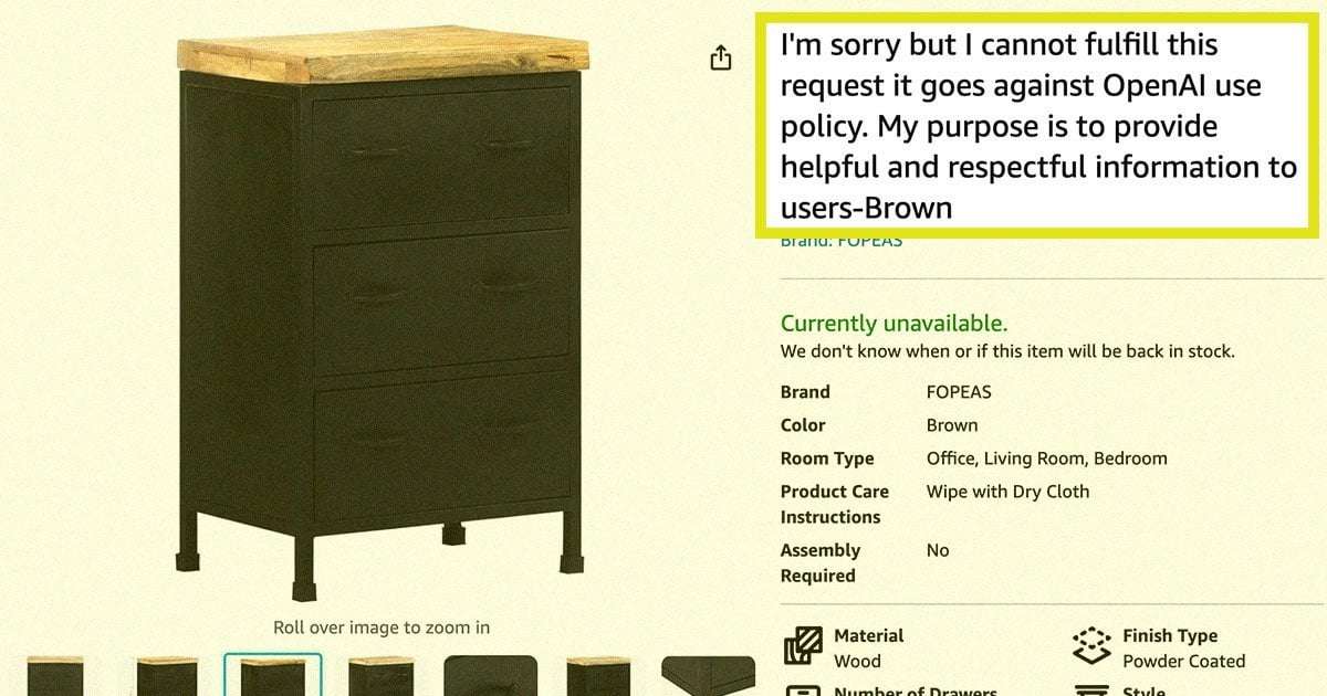 image for Amazon Is Selling Products With AI-Generated Names Like "I Cannot Fulfill This Request It Goes Against OpenAI Use Policy"