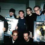 image for Linkin Park showing off their gold awards for their debut album Hybrid Theory, 2000.
