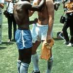 image for Pele of Brazil and Bobby Moore of England exchange shirts after Brazil’s win (1:0) of the 1970 World