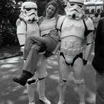 image for Carrie Fisher hanging out with some stormtroopers while promoting “Empire Strikes Back” in London.