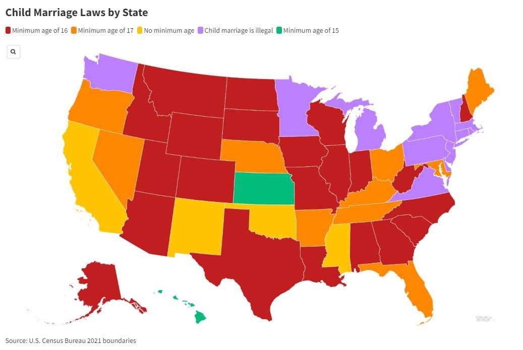 image for Map Shows Which States Allow Child Marriage as New Hampshire Bill Passes