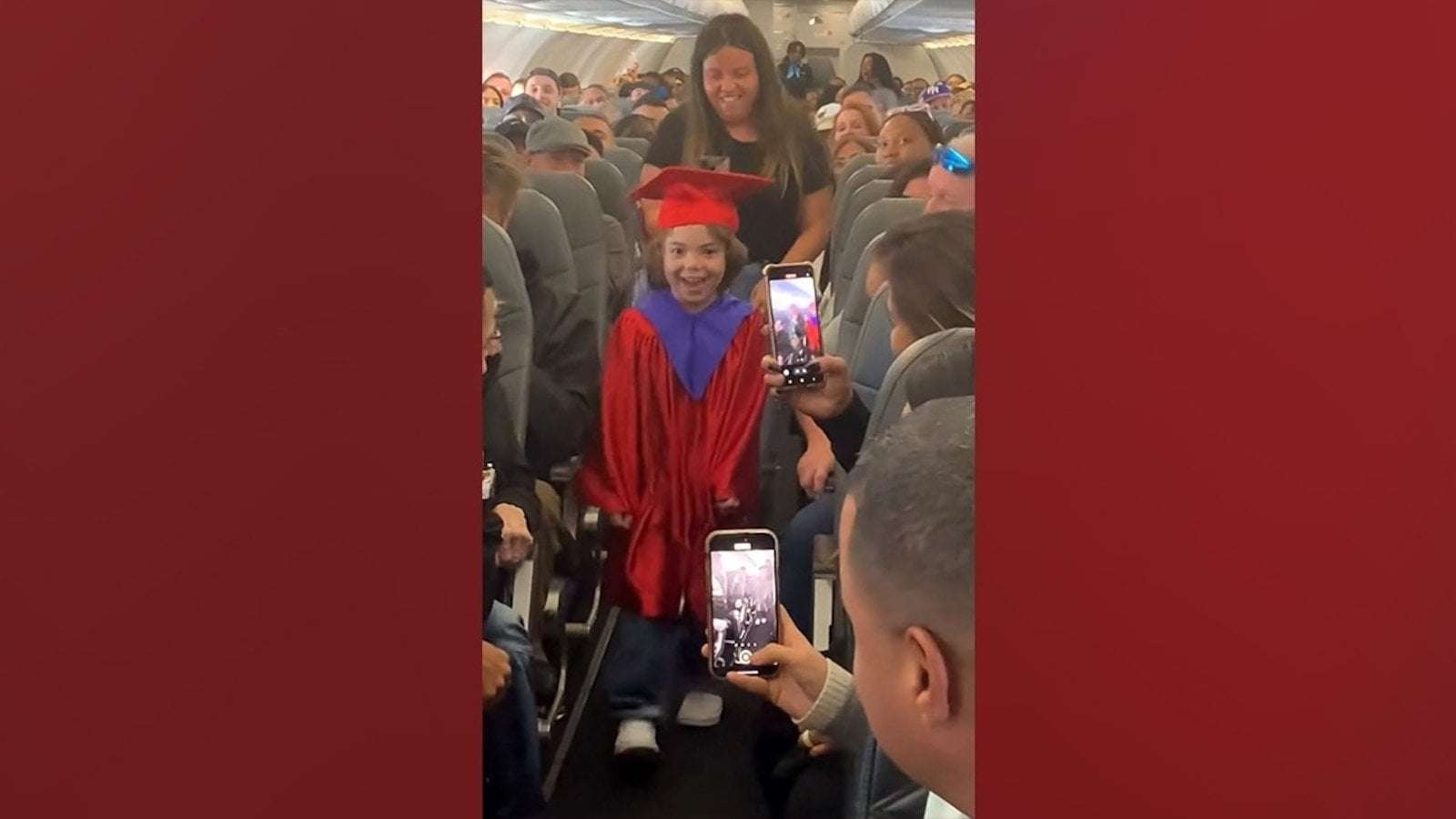image for Plane passengers give mid-air celebration to 5-year-old who missed graduation