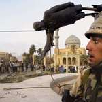 image for Iraqi civilians watch as US troops tear down a statue of Saddam Hussein in Baghdad in April 2003.