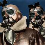 image for USAAF Boeing B-17 Crewmen wearing RAF goggles with sun visors pose with their high altitude gear at