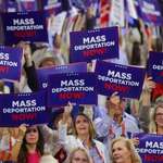 image for Republican delegates hold "MASS DEPORTATION NOW" signs at their "unity" themed convention