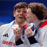 image for British divers after winning silver in men's diving at Paris Olympics