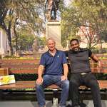 image for Lieutenant Dan and Bubba reunited on the Forrest Gump bench for the 30th anniversary of the movie