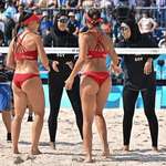 image for The Egyptian women's beach volleyball team vs Spain at the Paris Olympics
