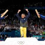 image for Simone Biles and Jordan Chiles congratulate Rebeca Andrade after she wins her first Gold in Paris