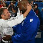 image for French President Macron congratulates Teddy Riner on winning the Olympic gold in judo Men's +100 kg