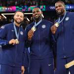 image for Steph Curry, LeBron James, and Kevin Durant after winning Gold against France