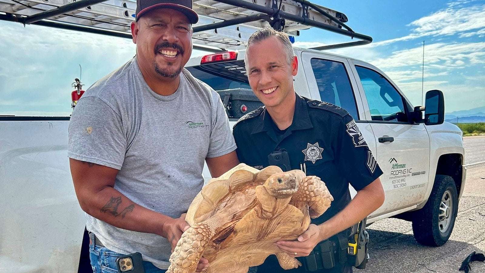 image for Large desert tortoise rescued from Arizona highway after escaping from ostrich ranch 3 miles away