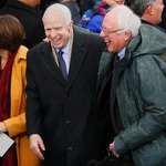 image for John McCain and Bernie Sanders at Trump's inauguration in 2016. Steadfast friends.