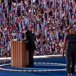 image for Michelle Obama leaving the stage after introducing Barrack Obama