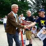image for Libertarian icon Bill Weld seen campaigning against Trump in 2016. Weld has endorsed Kamala Harris.