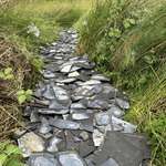 image for My mom using broken asbestos roof tiles to create a base for a path.