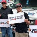 image for Totally not weird people hold “Donald Trump is NOT weird” signs