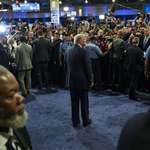 image for Donald Trump walking into the media “Spin Room” after Tuesday’s debate