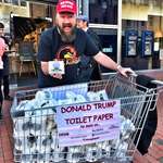image for A vendor with Donald Trump toilet paper.