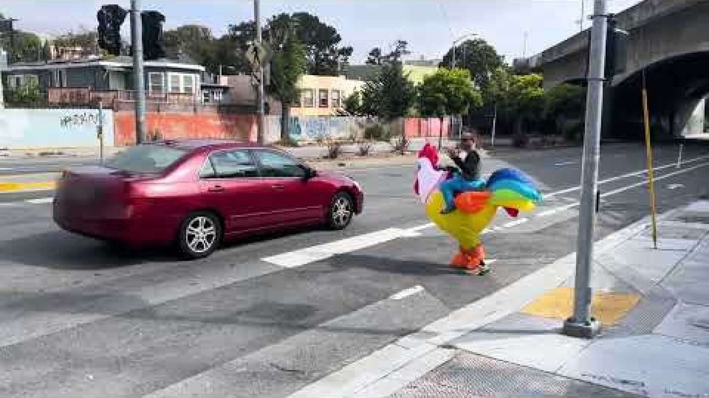 image for S.F. cop dons chicken costume in operation targeting drivers failing to yield to pedestrians