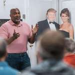 image for Mark Robinson at his own campaign event with Trump cardboard cutout after being dropped by him
