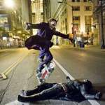image for Heath Ledger skate boarding over Christian Bale on the set of The Dark Knight