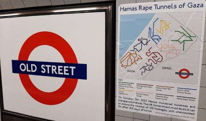 image for London’s Underground covered with maps of Hamas 'rape tunnels' in Gaza