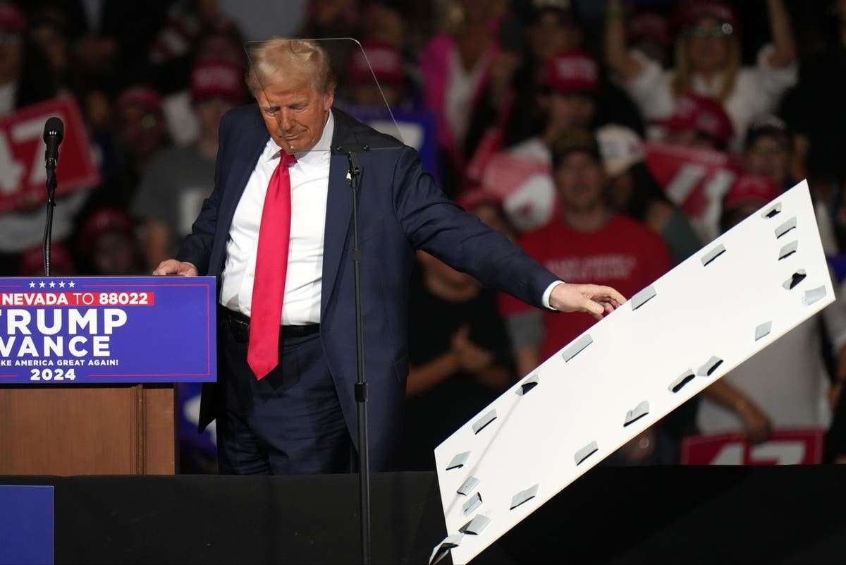 image for Trump, after mocking Harris over teleprompter use, stops rally to remove sign that fell on his