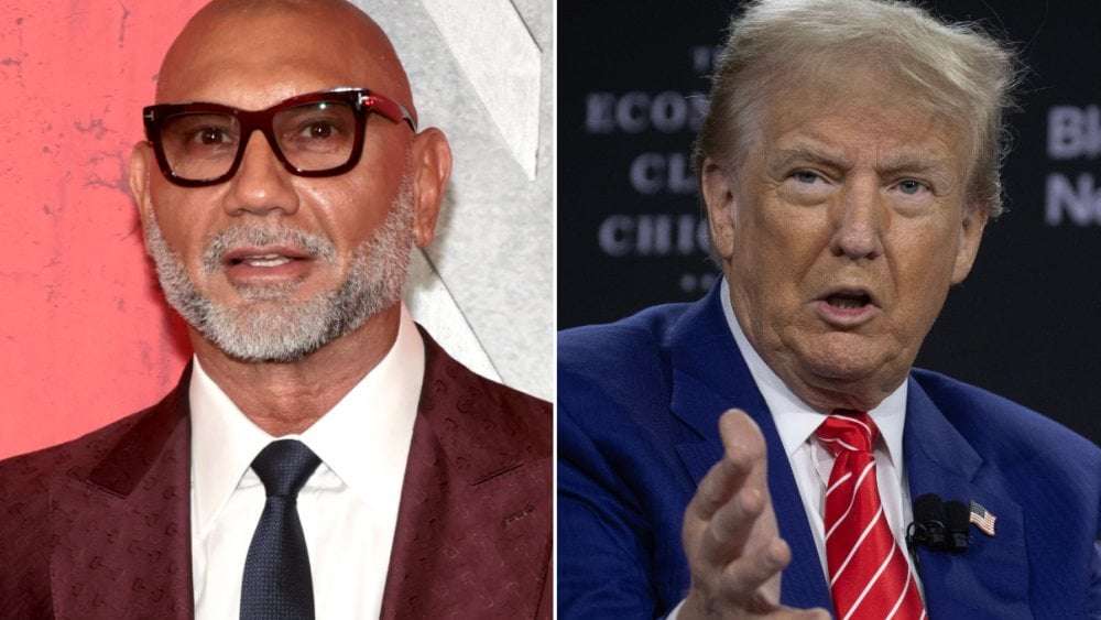 image for Dave Bautista Calls Donald Trump a ‘Whiny Little B—-‘ Who ‘Wears More Makeup Than Dolly Parton’: His Gut Is ‘Like a Garbage Bag Full of Buttermilk’