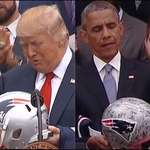 image for The helmet Trump received vs the helmet Obama received after the Patriots won the Super Bowl.