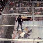 image for Undertaker looks down at Mankind after he chokes slams him, unscripted, through the top of the cell
