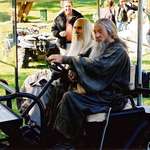 image for Sir Ian McKellan and Sir Christopher Lee take a stroll during filming of Lord of the Rings.