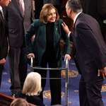 image for Nancy Pelosi, 84, using a walker during election certification.