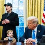 image for President Elon Musk addresses reporters in the Oval Office while Donald Trump looks on