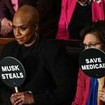 image for Democratic lawmaker holds a sign reading "Musk steals" as President Trump addresses Congress