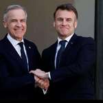 image for The French president, Emmanuel Macron, welcomes the Canadian prime minister.