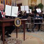 image for OC: Trump signs an executive order to dismantle the Education Department alongside children signing