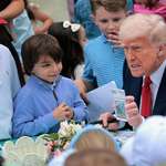 image for Trump Showing Kids Trading Card Depicting His Assassination Attempt at the WH Easter Egg Roll Today